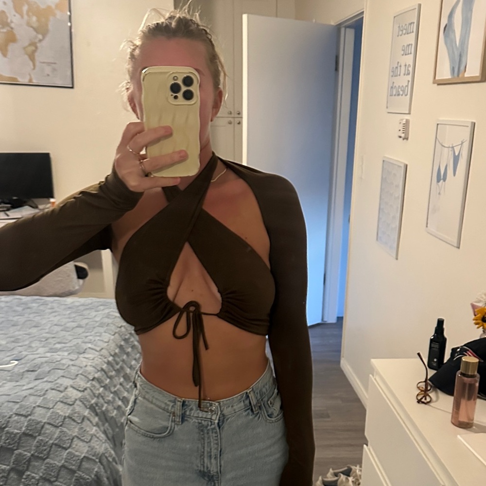 Brown Long 2 Piece Sleeve Wrap Top